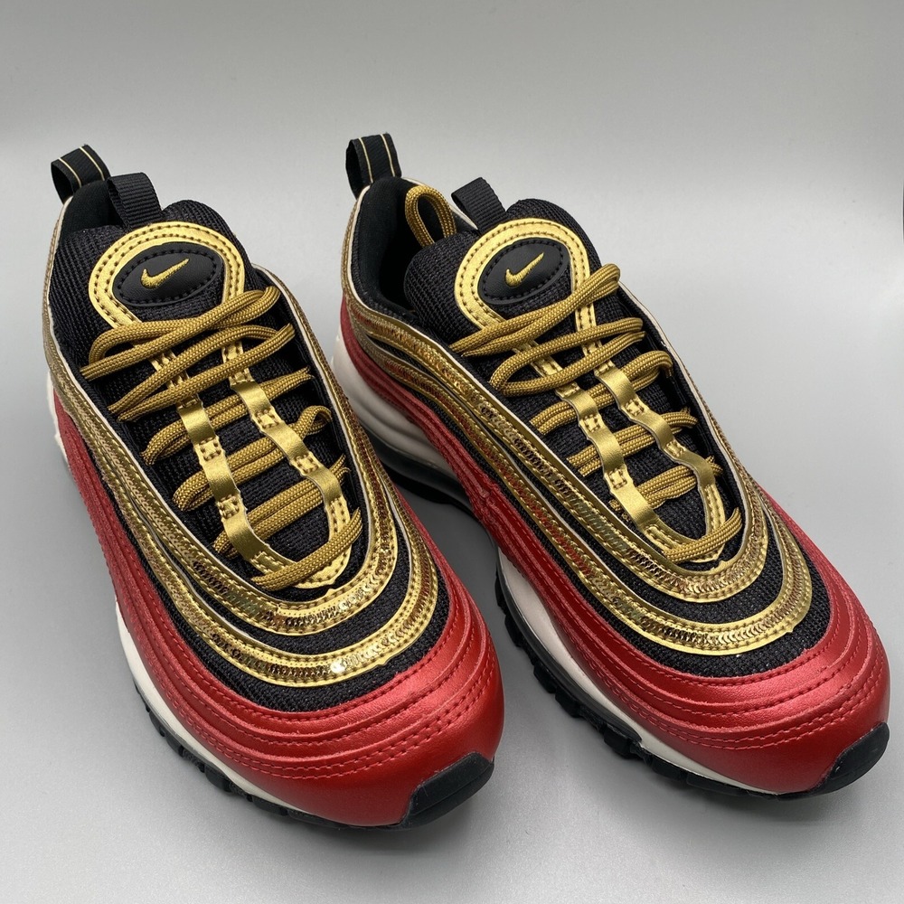 Nike Air Max 97 Sneaker Womens 5 Red Gold Sequin CT1148-600 Athletic Running
